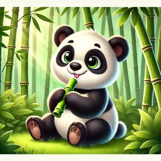 A cute panda sitting in a lush green bamboo forest