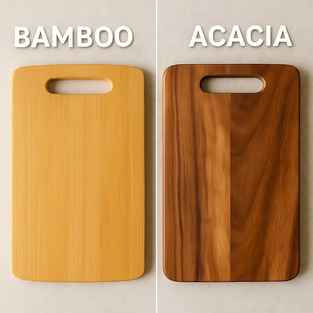 Split image of bamboo vs acacia cutting boards showing their color and texture—lightweight bamboo on one side and heavier, richly grained acacia on the other.