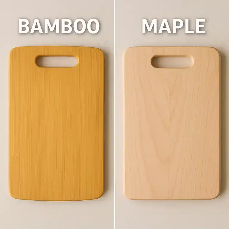 Bamboo vs Maple Cutting Boards: Pros and Daily Use Bamboo vs maple cutting boards shown side by side on a light surface, with the bamboo board on the left featuring a golden tone and fine grain, and the maple board on the right displaying a lighter, creamy color with natural wood patterns.