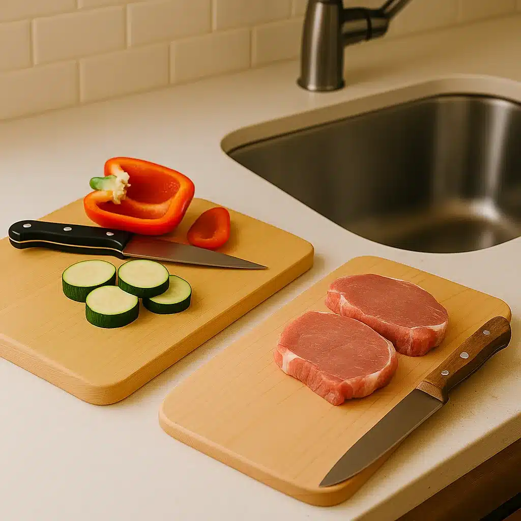 Bamboo vs Maple Cutting Boards: Pros and Daily Use Side-by-side use of bamboo and maple cutting boards—bamboo with fresh vegetables, maple with sliced meat—on a kitchen countertop.