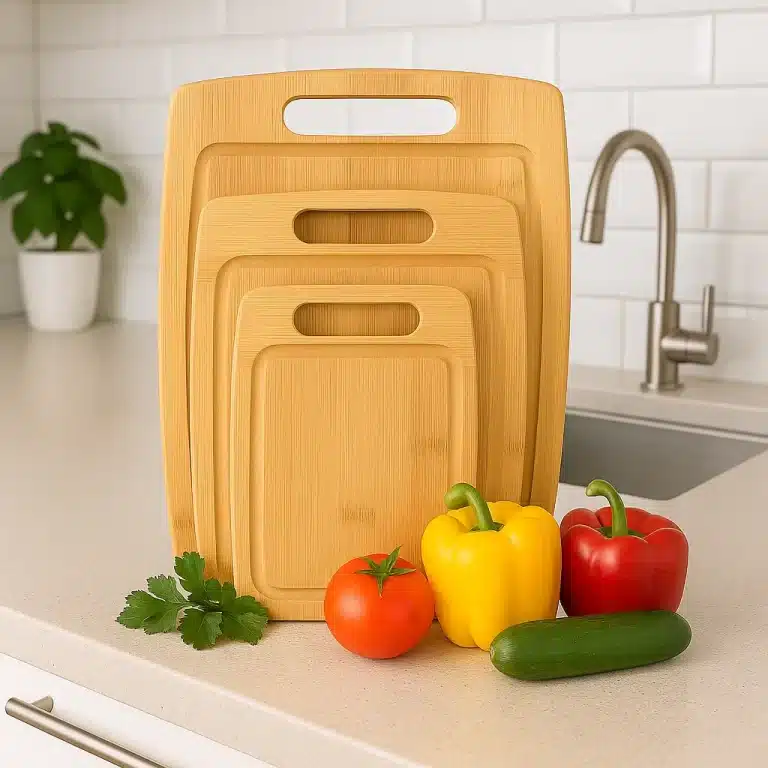 Best 3-Piece Bamboo Cutting Board Sets for Easy Kitchen Prep A kitchen countertop featuring a set of three-piece bamboo cutting board sets in light bamboo color, displayed with fresh colorful vegetables.