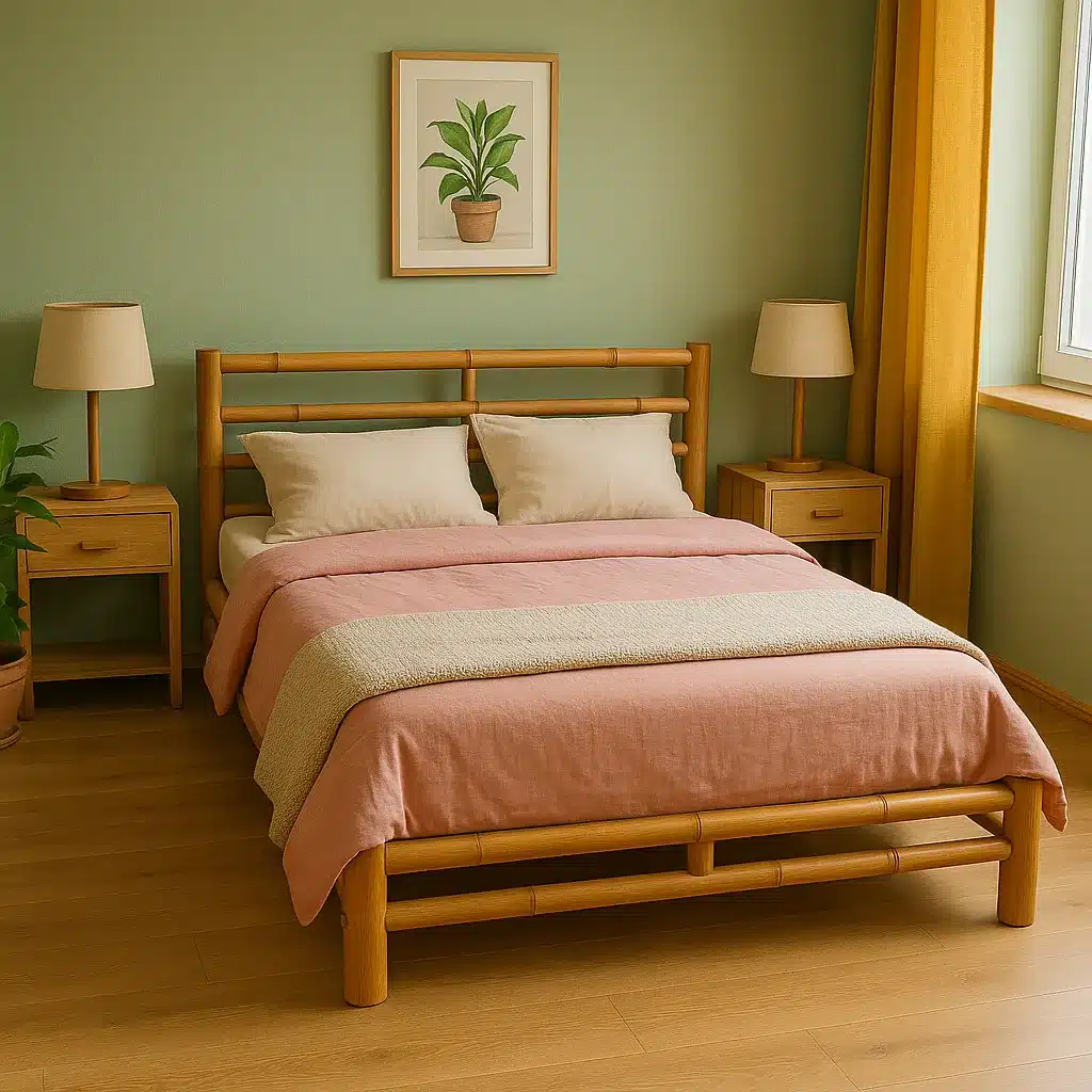 Cozy bedroom with eco-friendly bamboo products, including a bamboo platform bed, matching nightstands, and soft-toned decor with pink bedding and green walls.