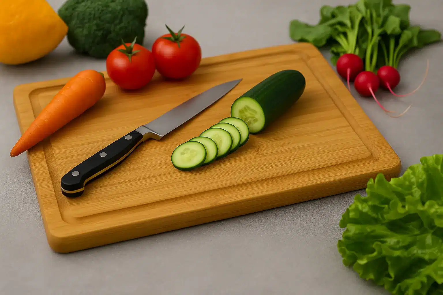 A large eco-friendly bamboo cutting board on a kitchen counter, surrounded by fresh vegetables like carrots, bell peppers, and herbs, ready for chopping.