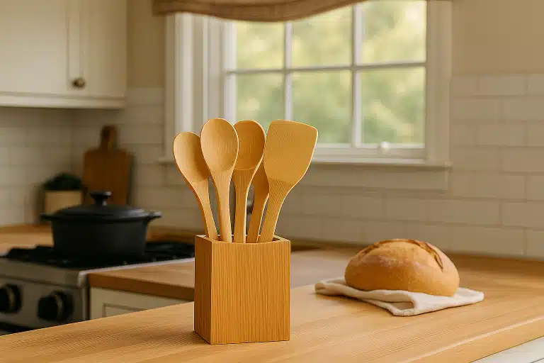 Bamboo Utensils Set: 5 Top Picks That Look Good and Cook Better Bamboo cooking utensils in a square holder on a wooden countertop, with a loaf of bread and cozy kitchen background.