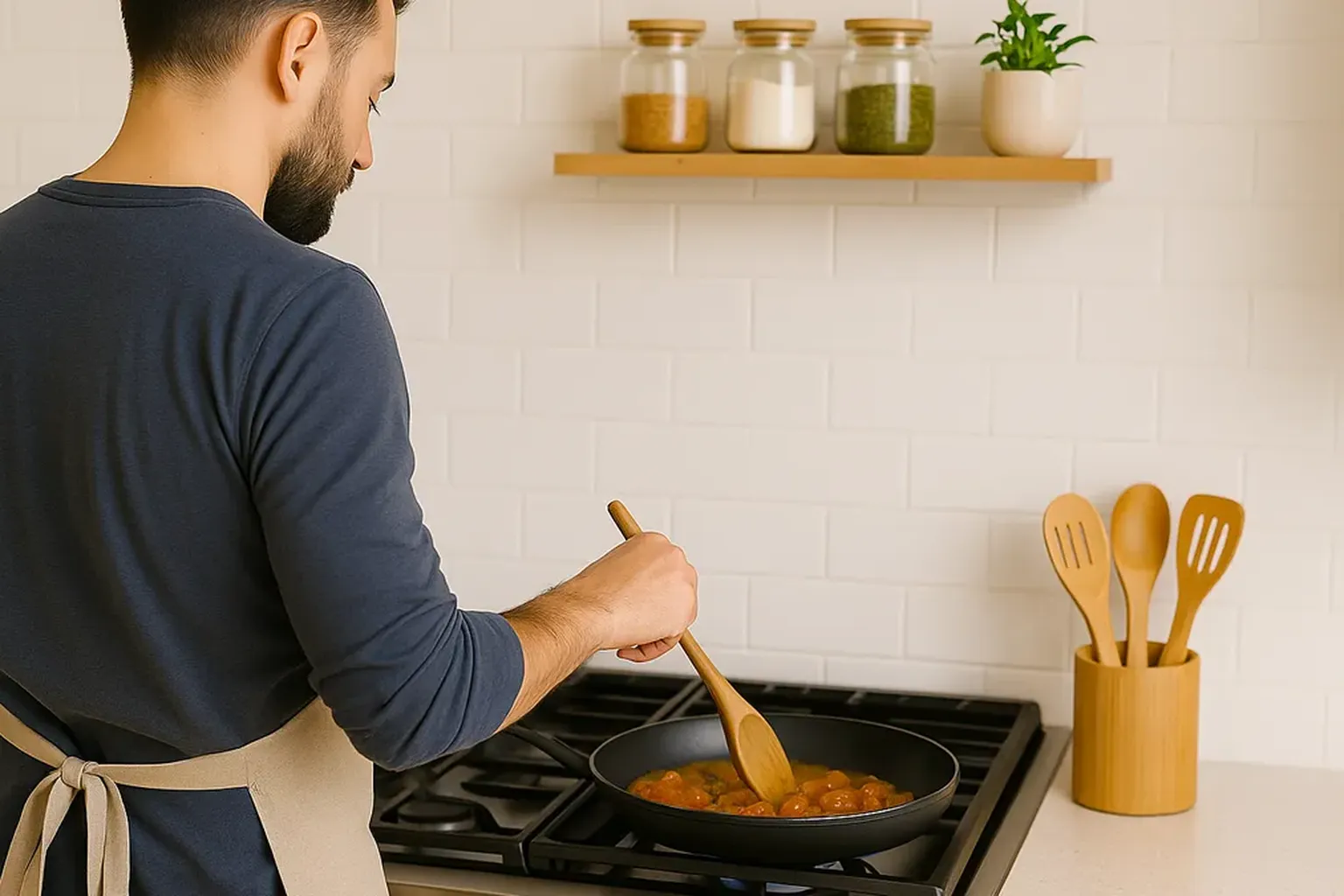 Bamboo utensils for cooking used by a man preparing food on the stove, with a bamboo utensil holder and jars in a modern kitchen.