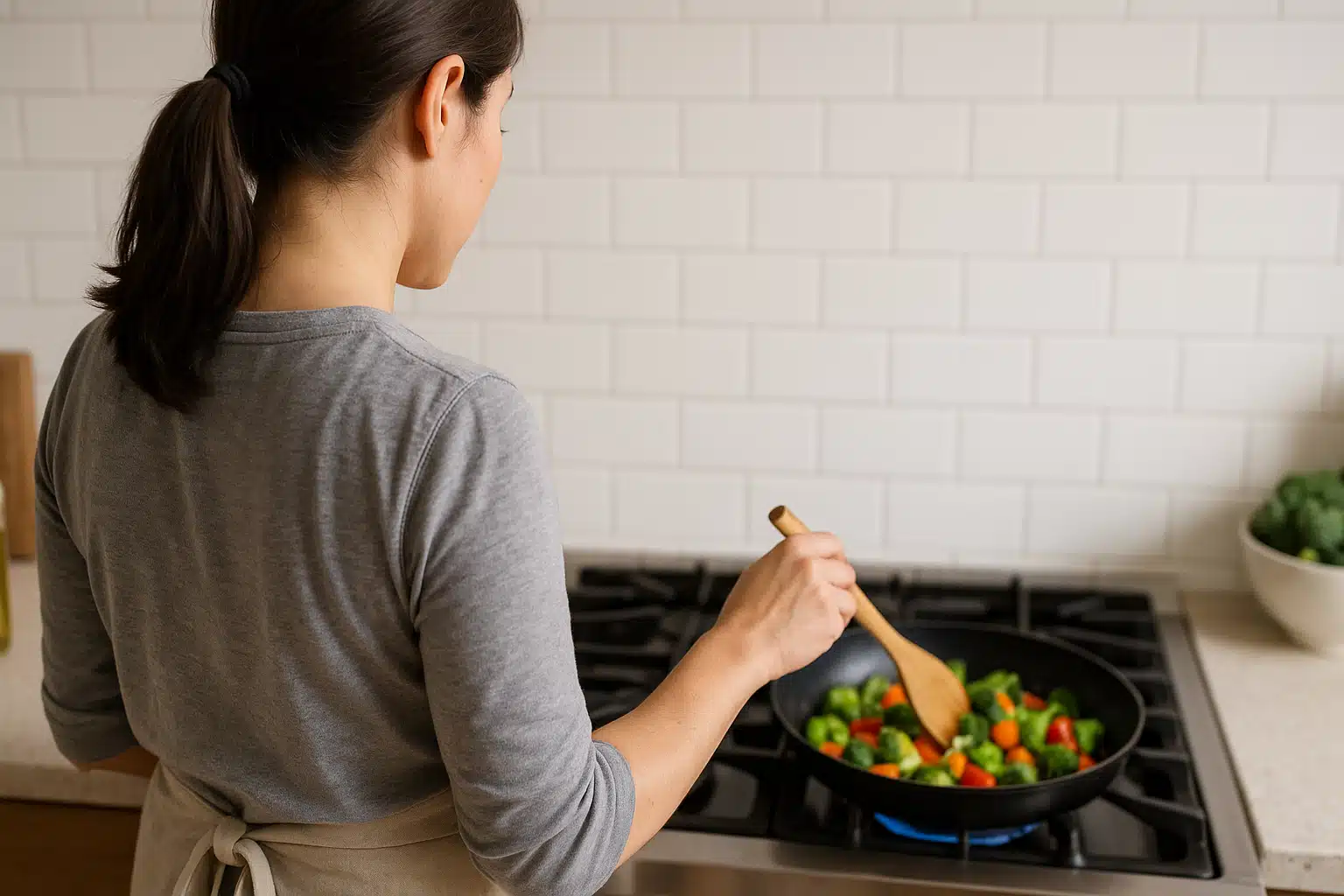 Woman cooking vegetables on a stove with bamboo utensils, seen from behind in a cozy kitchen setting.