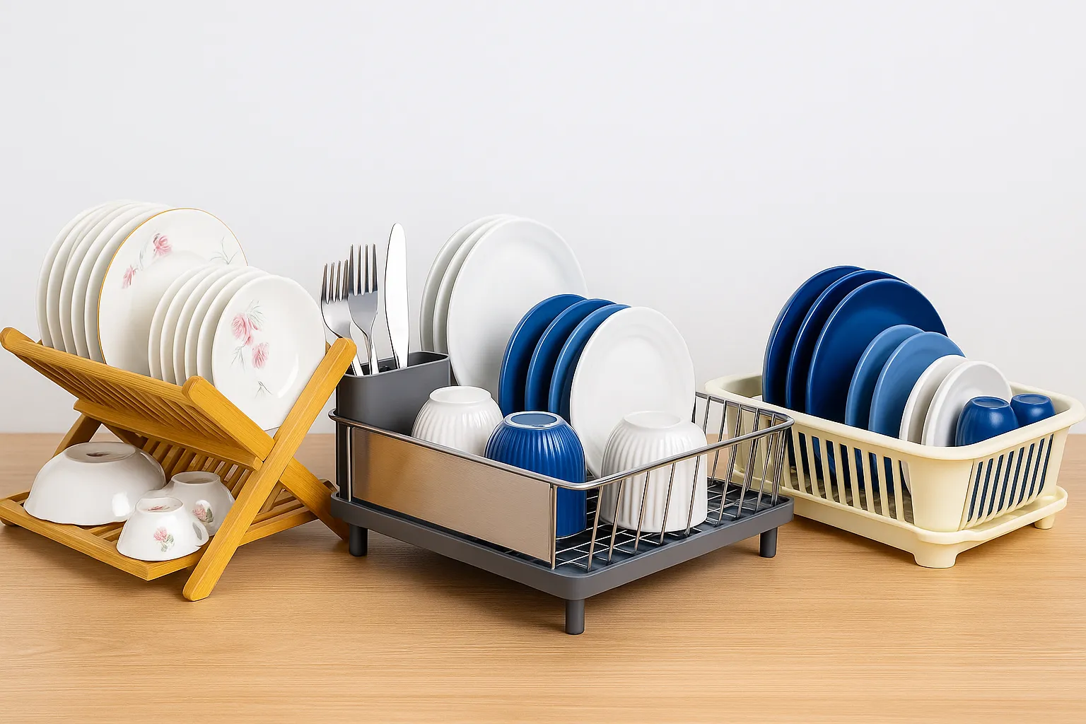 Three dish racks made of bamboo, metal, and plastic shown side by side for comparison—best material for a dish rack visual guide.