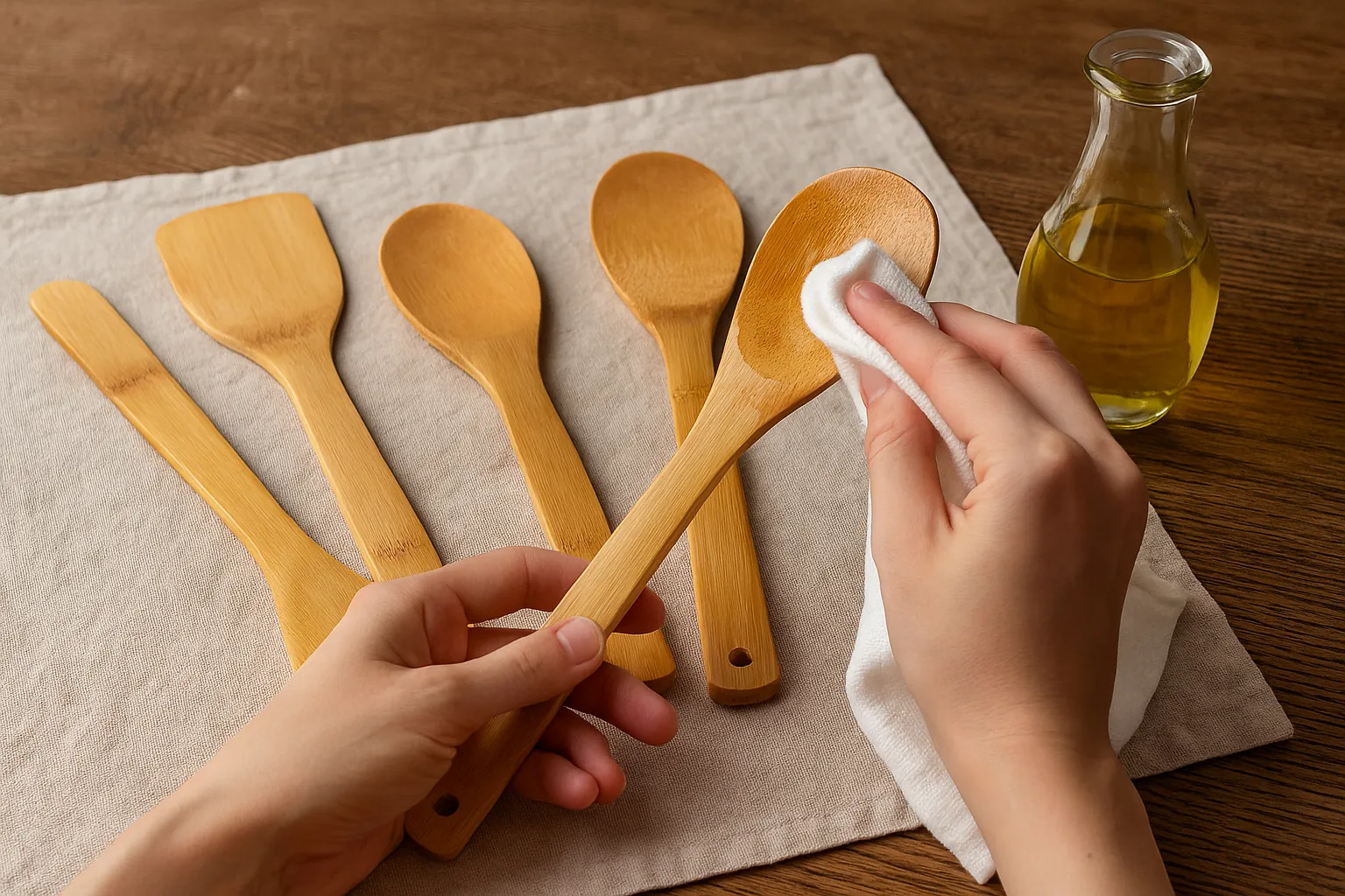 Person oiling a bamboo kitchen utensil on a wooden table with other bamboo utensils nearby, demonstrating how to care for bamboo utensils