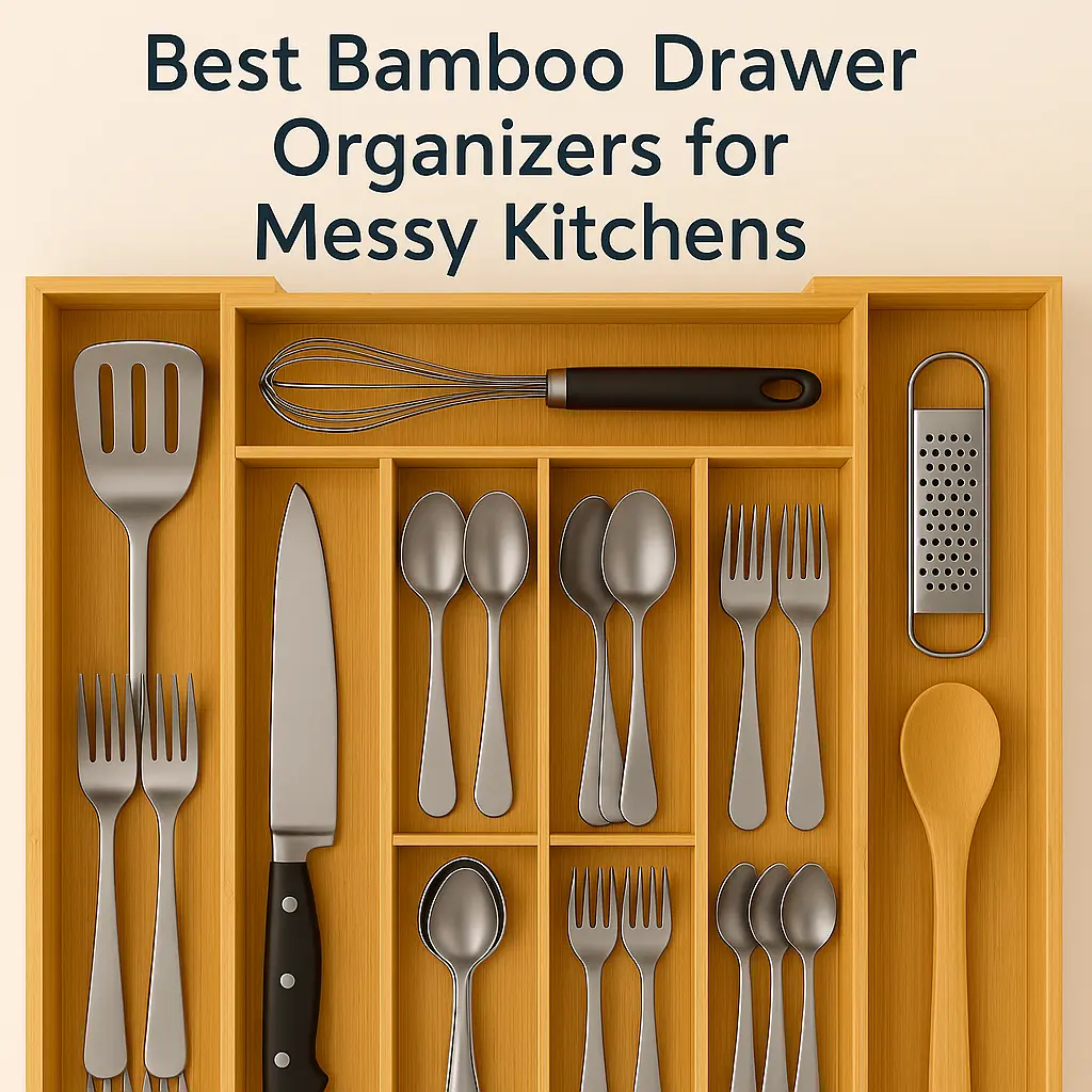 Bamboo drawer organizers filled with neatly arranged kitchen utensils on a countertop.