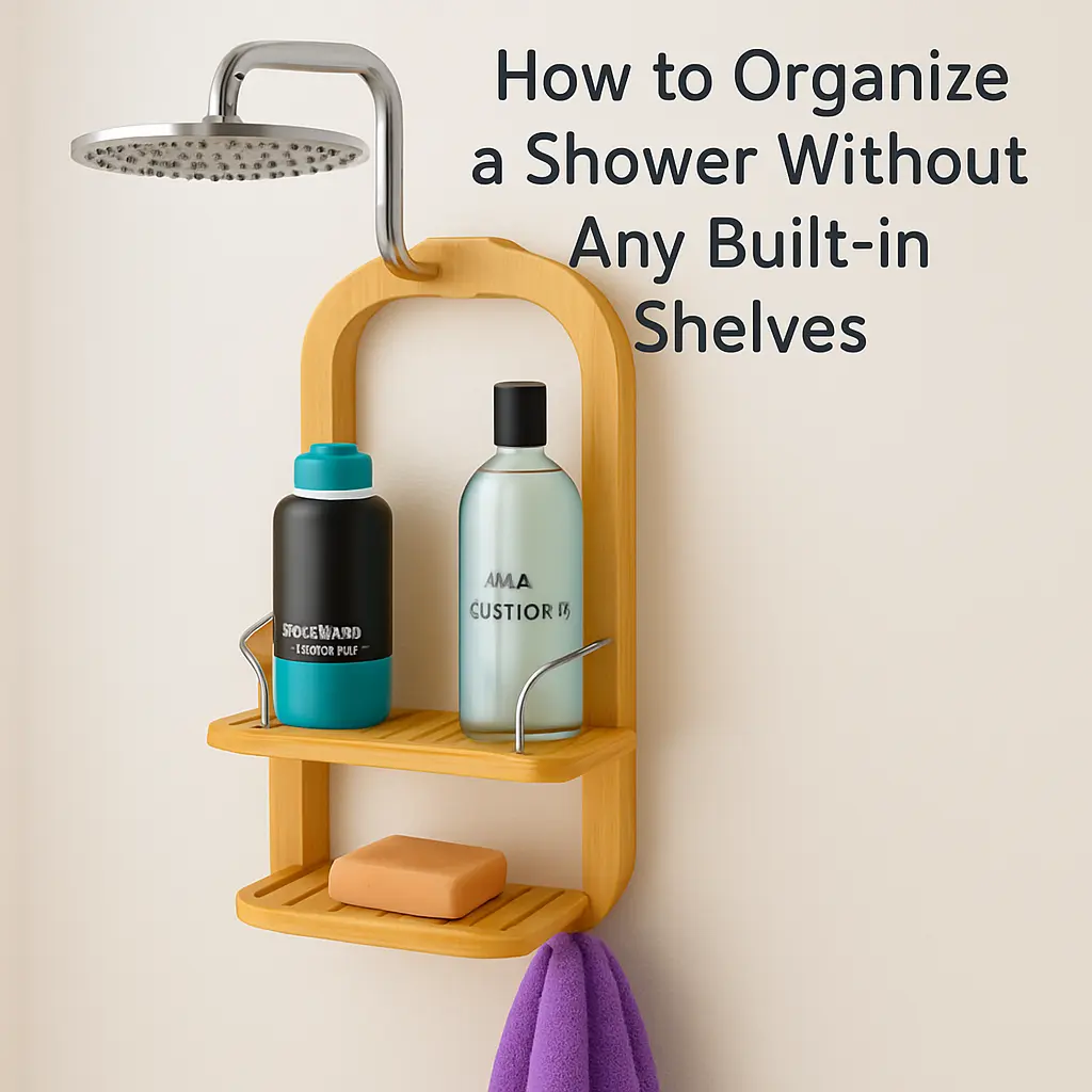 Bamboo shower caddy with everyday items, showing how to organize a shower without any built-in shelves