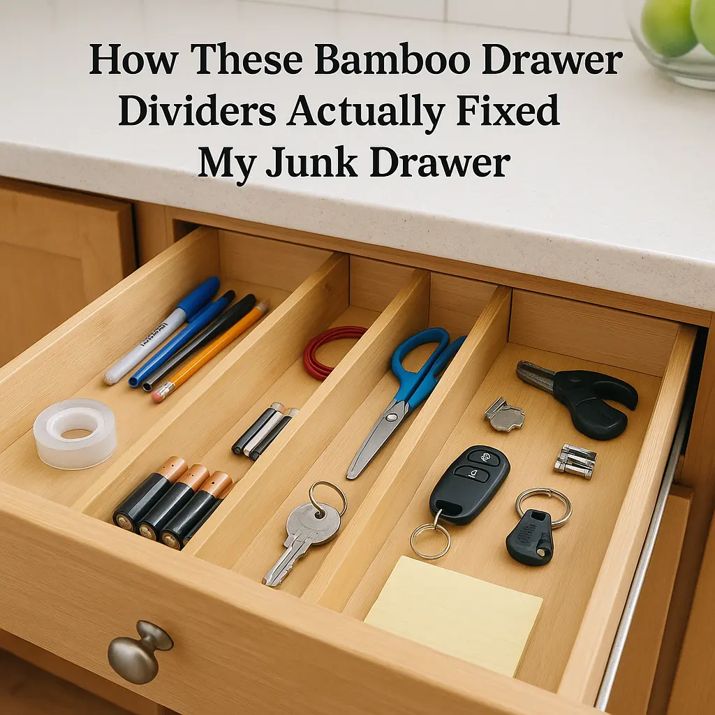 A neatly organized junk drawer with batteries, pens, tools, and clips separated by bamboo drawer dividers.