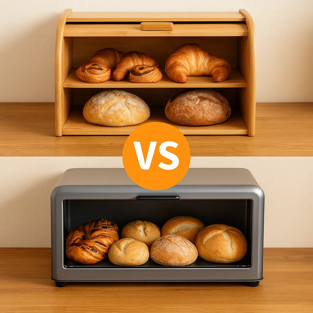 Split image showing a visual comparison of bamboo vs metal bread boxes—bamboo box on top and metal box below, both placed against a kitchen wall and filled with breads and pastries.