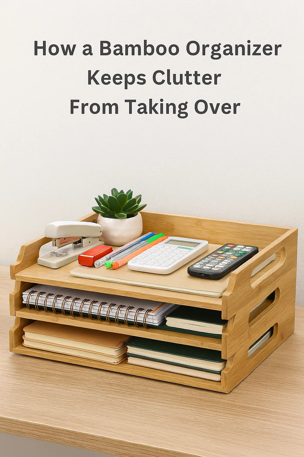 A bamboo organizer with three stackable trays holding notebooks, folders, a calculator, sticky notes, and other small desk items, shown on a clean workspace.