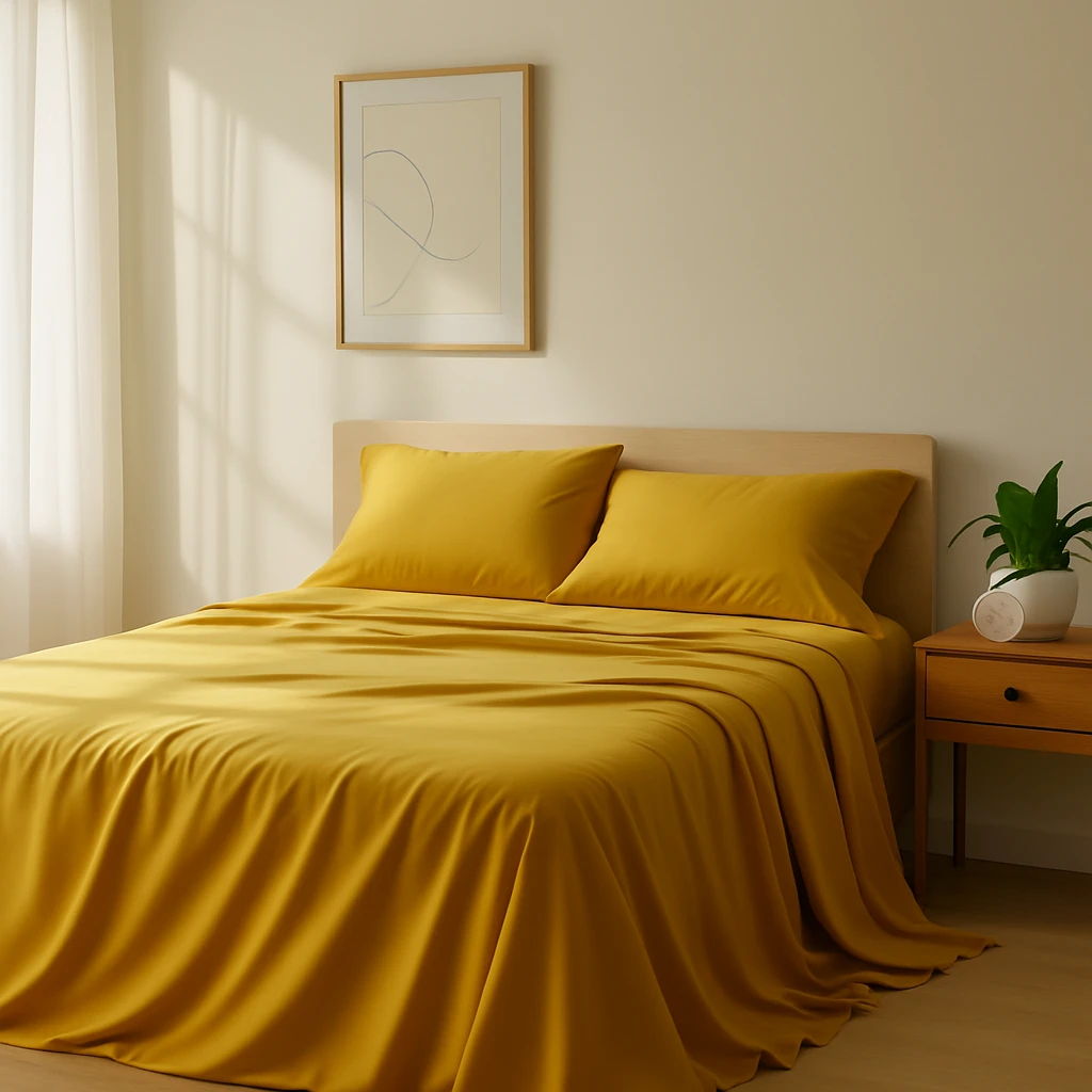 Ettitude Signature Sateen Sheet Set in mustard yellow on a made bed, with natural daylight and minimal decor