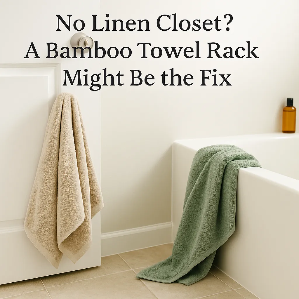 Bathroom corner without a linen closet, showing towels draped on a door and tub — a common problem a bamboo towel rack can fix.