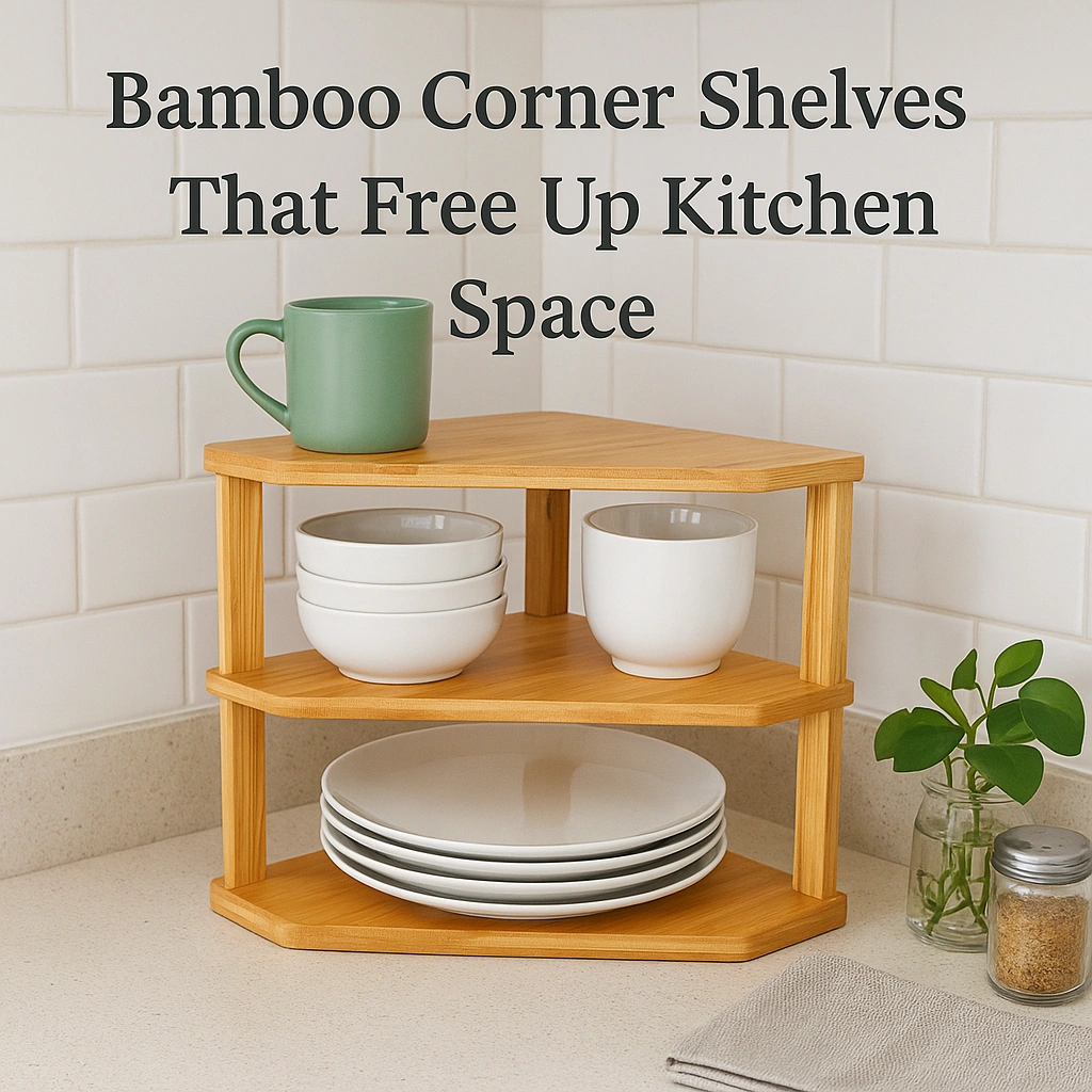 Three-tier bamboo corner shelves neatly placed in a bright kitchen corner, holding stacked white plates, bowls, and a green mug, with a small plant and spice jar nearby for a clean, organized look.