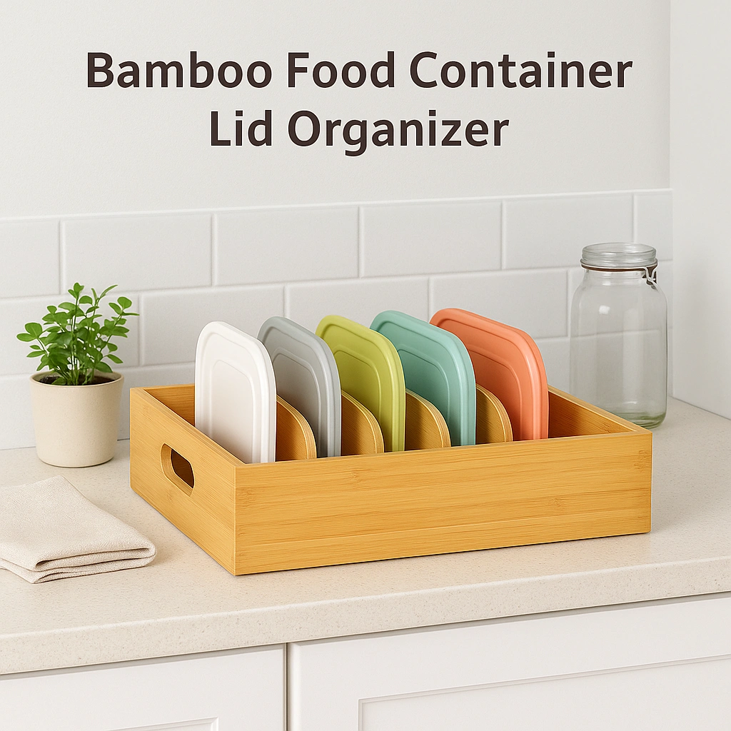 Bamboo kitchen organizer on a countertop near a cabinet, holding food container lids of different sizes and colors in neatly divided sections, with bright natural lighting and simple decor.