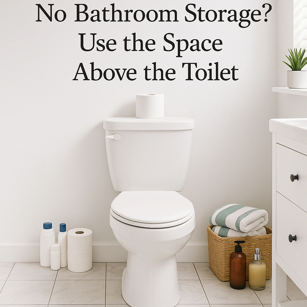 A small bathroom with a white toilet against a clean wall, a roll of toilet paper on the tank, and toiletries placed nearby, showing a lack of storage space.