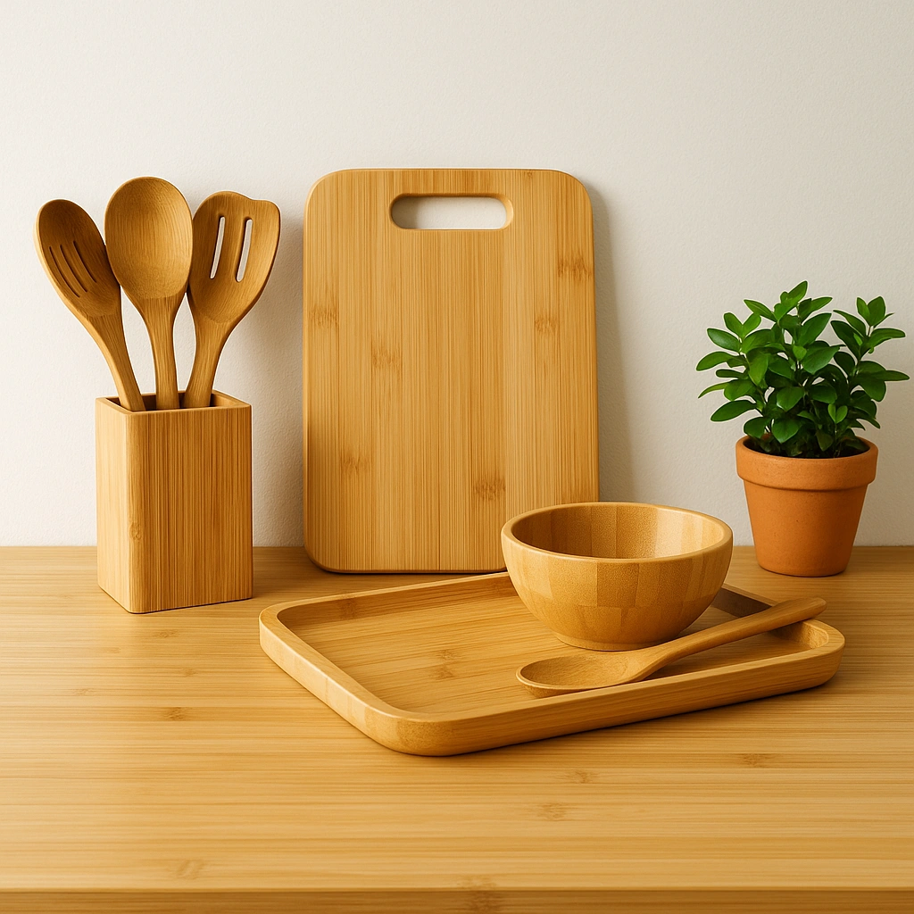 Bamboo kitchen countertop with a cutting board, utensil holder, bowl, tray, and wooden spoon neatly arranged beside a small green plant in a terracotta pot, photographed in soft natural daylight against a white wall.