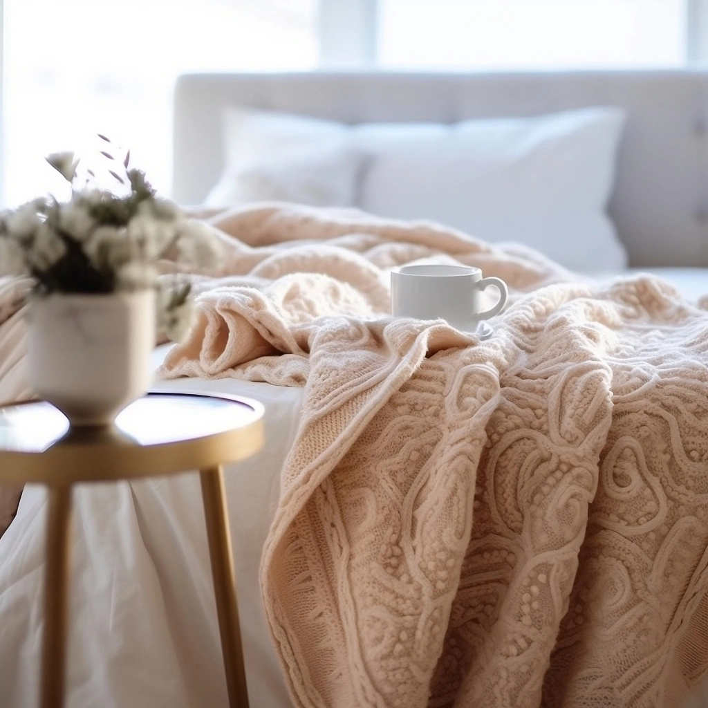 Soft pink knitted blanket draped over a white bed with a cup of coffee and flowers on a small bedside table in natural morning light.