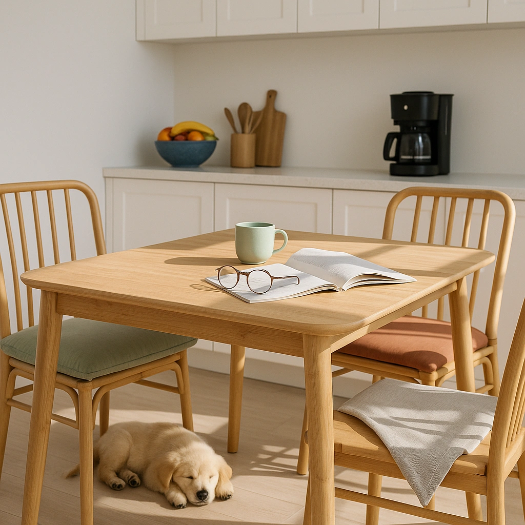 Bright eco kitchen with bamboo furniture, cushions, and everyday items on the table, with cupboards above the counter and a puppy sleeping beneath.