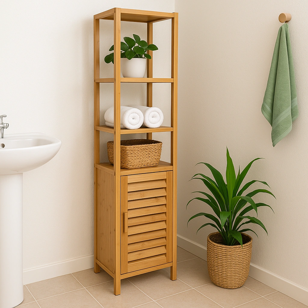 Tall bamboo storage cabinet in a bright bathroom corner with open shelves holding rolled towels, a potted plant, and a woven basket, next to a green towel and a larger floor plant in natural light.