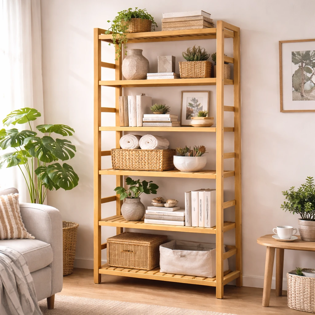Tall bamboo shelving unit with six open shelves in a lived-in living room, holding plants, baskets, books, and everyday decor.