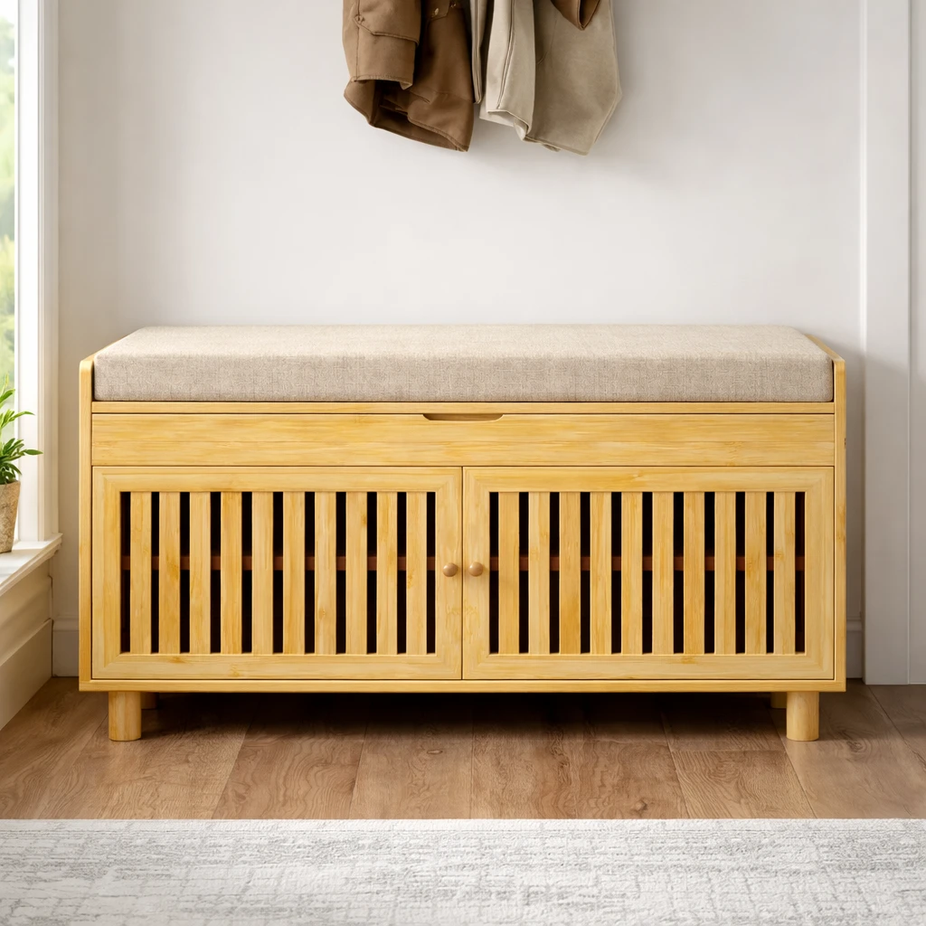 Bamboo entryway shoe storage bench with slatted cabinet doors and a padded seat, shown against a light wall in an entryway.