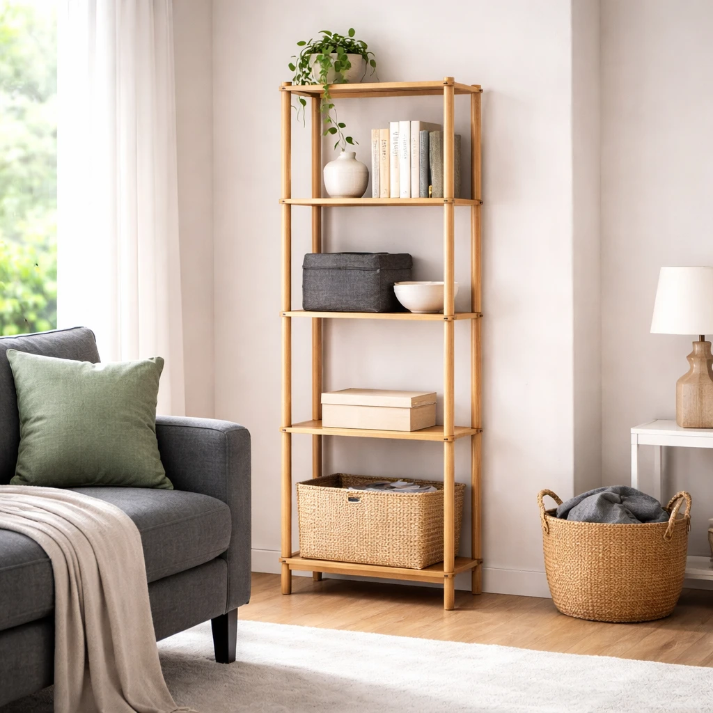 Open bamboo shelving unit with evenly spaced shelves in a living room corner, styled with books and storage baskets against a white wall and light wood floor.