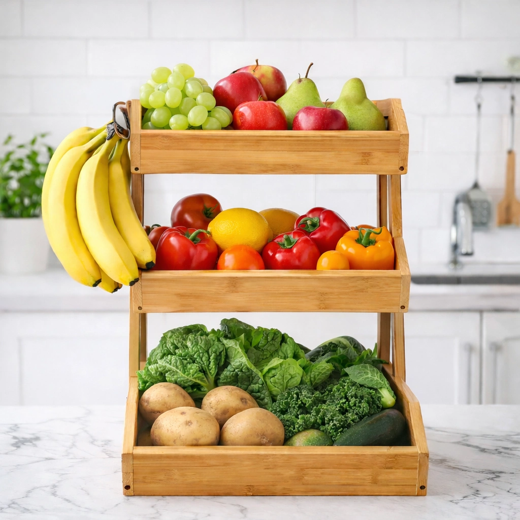 Three-tier bamboo fruit and vegetable stand on a kitchen counter, filled with apples, pears, grapes, tomatoes, potatoes, leafy greens, and bananas hanging from side hooks.