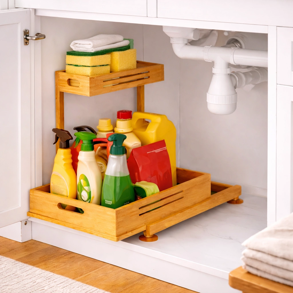 White kitchen cabinet interior with a bamboo pull-out organizer holding cleaning bottles on the lower shelf and folded cloths with sponges on the upper shelf.