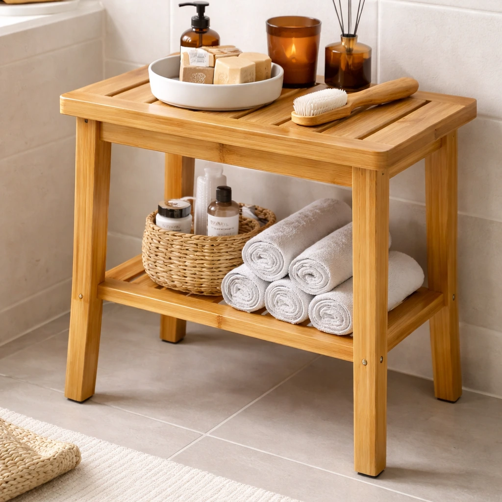 Bamboo stool with a lower storage shelf in a bathroom corner, holding soap, bottles, and folded towels on light tile flooring against a white tiled wall.