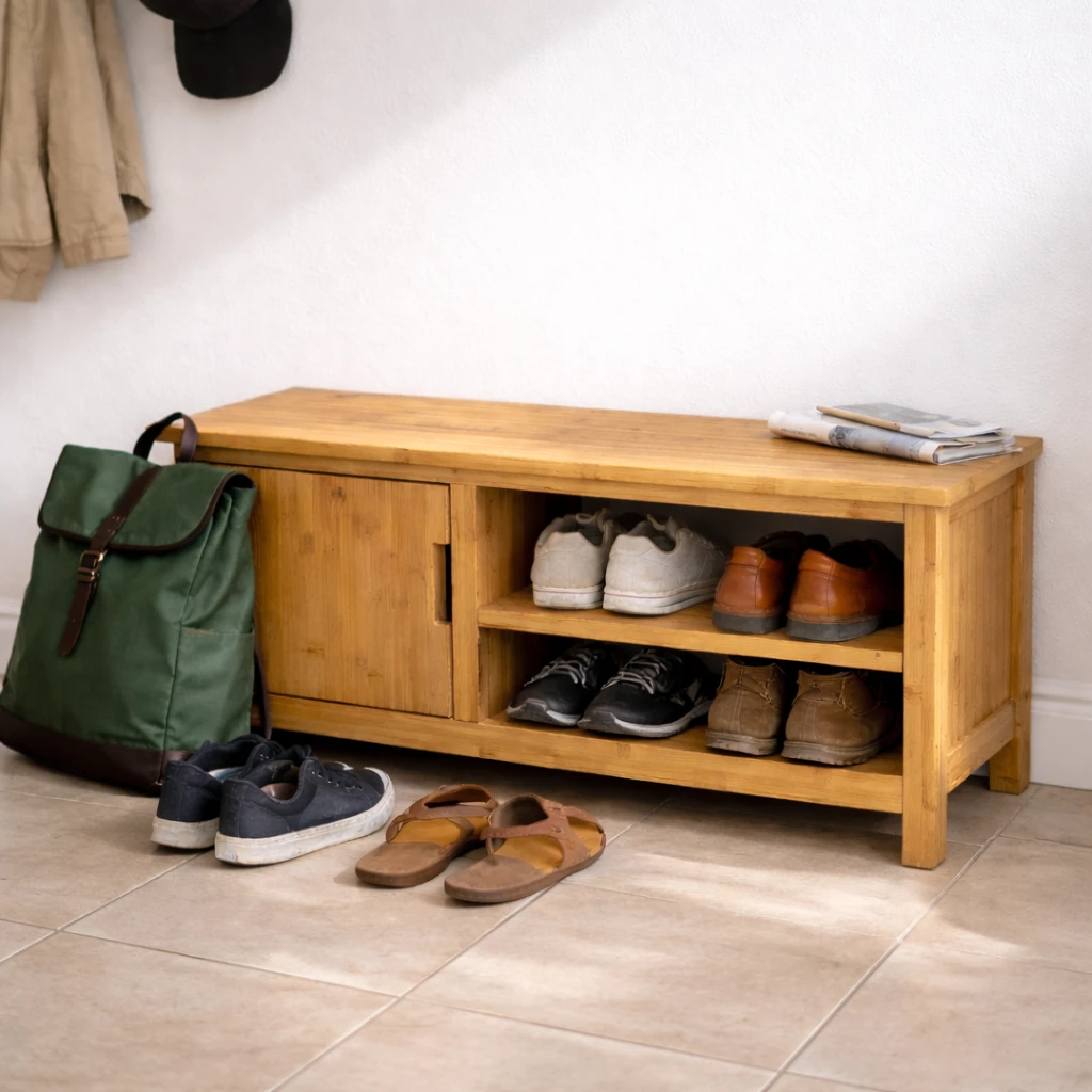 Bamboo storage bench in a white entryway with one closed cabinet and open shelves holding shoes, set on light tile flooring with a green backpack and shoes nearby.